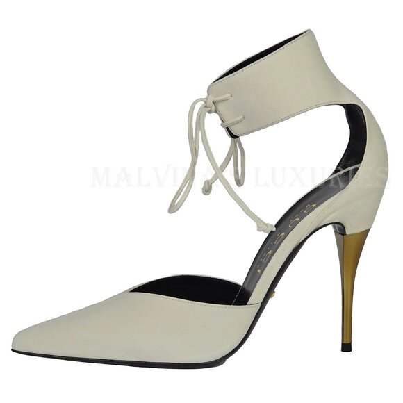 GUCCI SHOES PUMPS WITH ANKLE CUFF GOLD HIGH HEEL WHITE LEATHER sz 41.5 11.5 - Picture 4 of 15